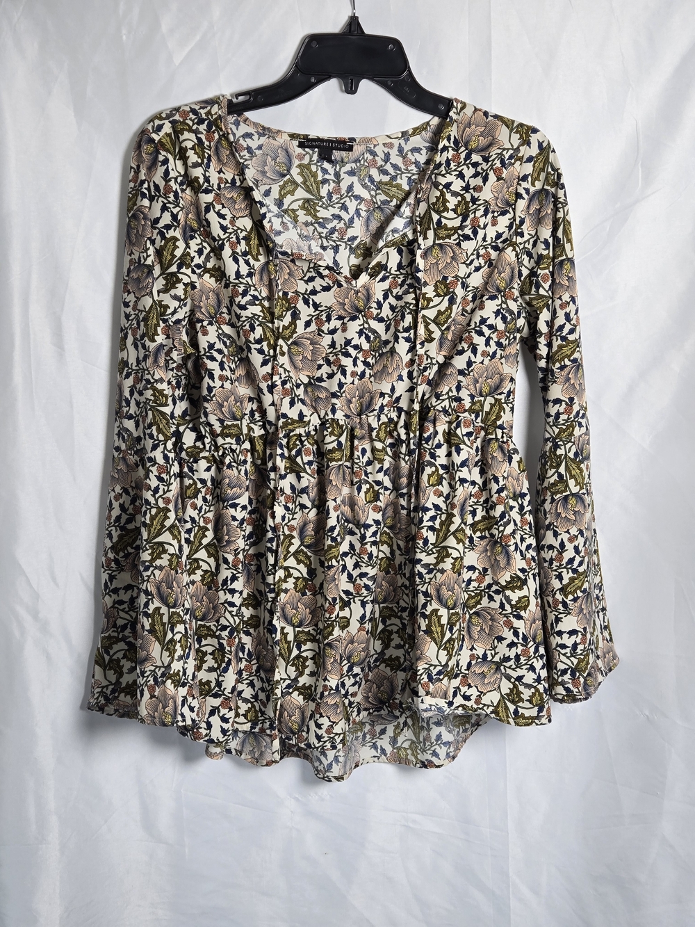Signature Studio Cream Floral Peplum Tunic with Olive Accents